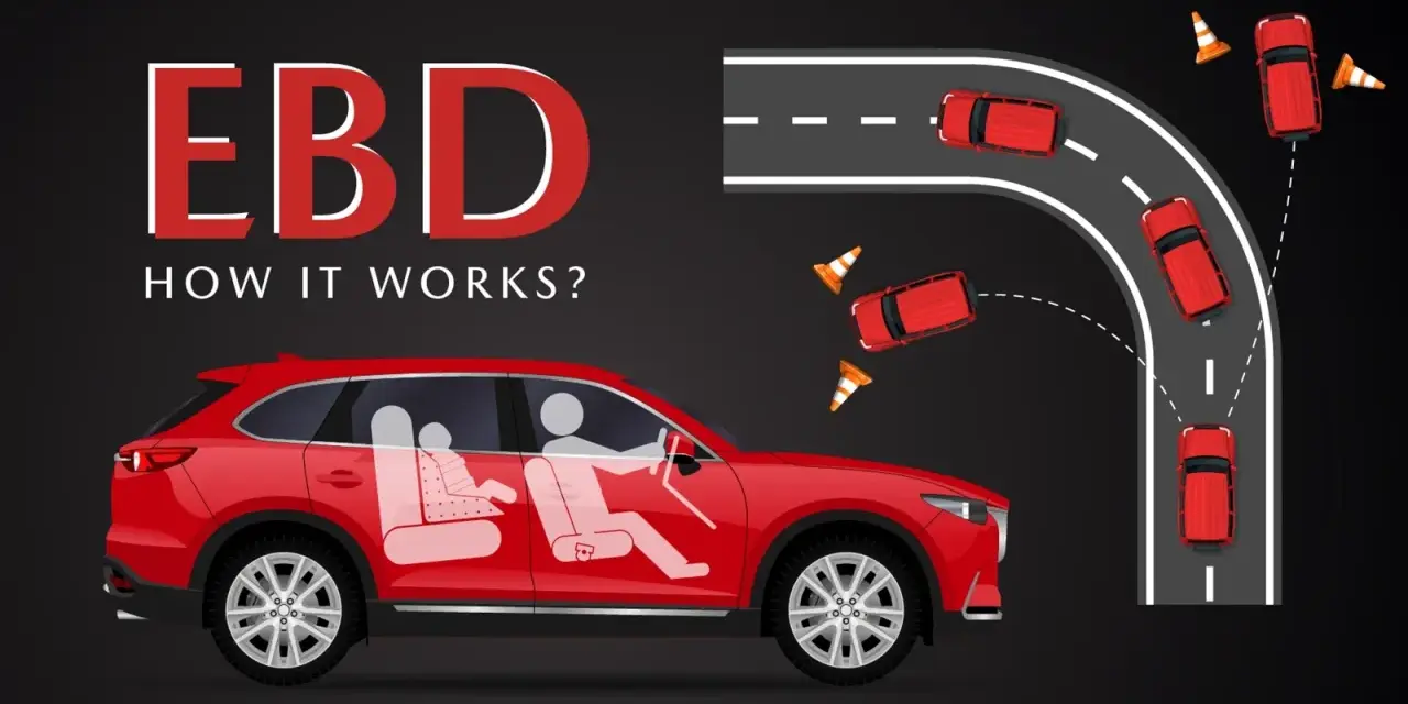 Illustration expliquant le fonctionnement de l'EBD, avec une ebd voiture rouge traversant une courbe et des cônes de signalisation.