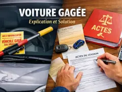 Volant avec un avis "Véhicule gagé", une carte grise, une petite voiture bleue, des actes de cession et un livre rouge "Actes".