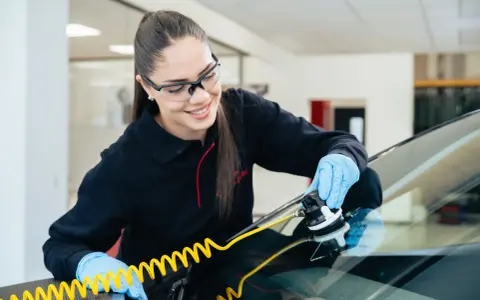 Une technicienne répare une fissure sur un pare-brise avec un équipement spécialisé. Elle sait exactement fissure pare brise que faire.