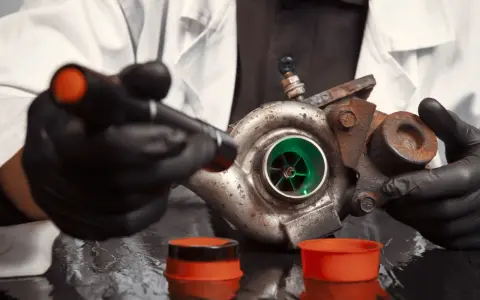 Un mécanicien examine un turbo rouillé, prêt pour le bruit turbo accélération.