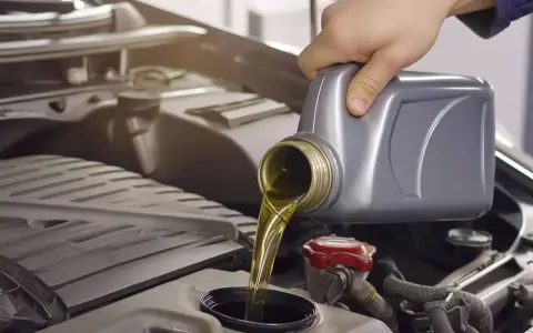 Main d'une personne versant de l'huile moteur d'un bidon gris dans le compartiment moteur d'une voiture. La question est : combien de litre huile moteur ?