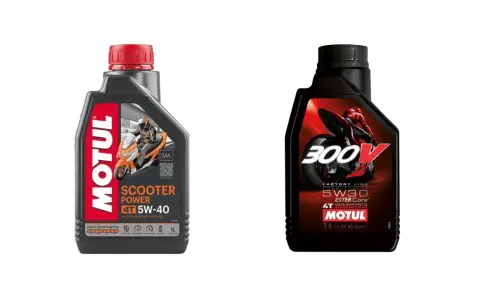 Huiles Motul : 5W-40 pour scooter et 5W30 pour moto de course. La différence est dans la performance.