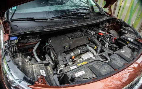 Vue rapprochée du moteur d'une voiture, prêt pour un nettoyage. On voit le bloc moteur, la batterie et divers composants.