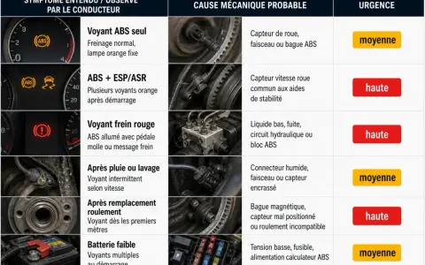 Tableau expliquant que veut dire ABS : voyant allumé, causes probables (capteur, bloc ABS) et urgence.