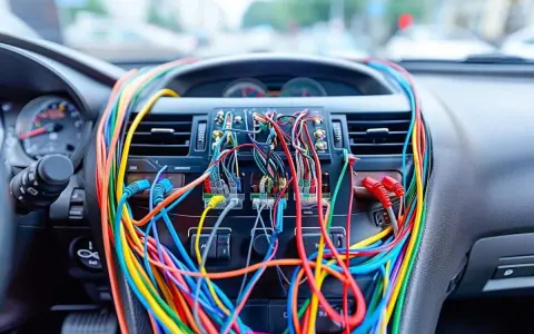 Tableau de bord d'une voiture envahi par un enchevêtrement de fils colorés, un vrai casse-tête pour le **code couleur fil haut parleur**.