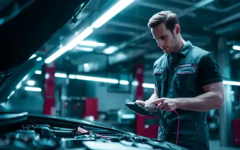 Mécanicien vérifiant une voiture, le voyant batterie s'allume et s'éteint sur son appareil.