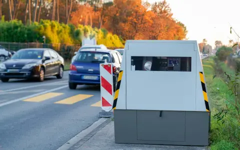 Un radar mobile de voiture surveille la route. Des voitures passent devant, dans un décor automnal.