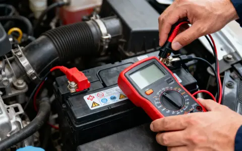 Main d'un mécanicien testant la batterie voiture sous le capot avec un multimètre rouge.