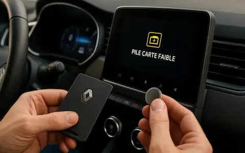 Main gauche tenant une carte Renault, main droite une pile bouton. L'écran affiche "Pile carte faible".