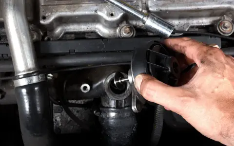 Main d'un mécanicien tenant une pièce de vanne EGR. Faut-il reprogrammer après changement vanne egr ? Question technique sur le moteur.