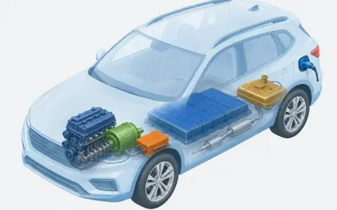 Schéma d'une voiture hybride non rechargeable : moteur thermique, moteur électrique, batterie, réservoir d'essence et prise de recharge.
