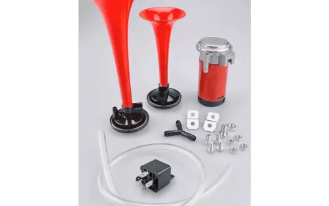 Kit klaxon pour véhicule, prêt pour le contrôle technique. Deux trompes rouges, compresseur, tuyau et accessoires.