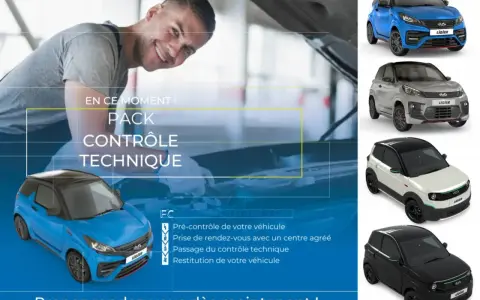 Pack contrôle technique voiture sans permis : pré-contrôle, RDV, passage et restitution. Plusieurs modèles Ligier présentés.