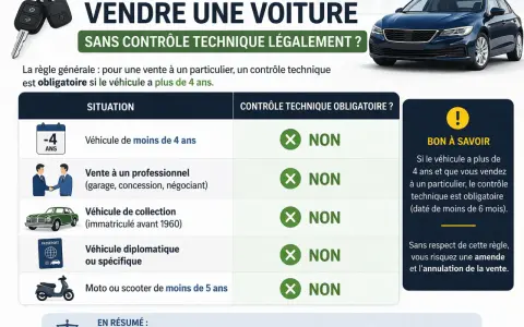 Infographie expliquant les cas où un contrôle technique n'est pas requis pour la vente d'une voiture.