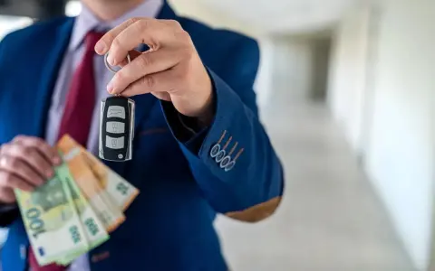 Un homme en costume tient une clé de voiture et des billets en euros. La question est : peut-on payer une voiture en liquide ?