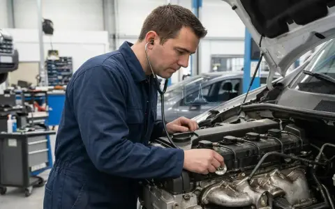 Mécanicien écoutant un moteur qui claque, suspectant un manque d'huile. Diagnostic en cours dans un atelier.