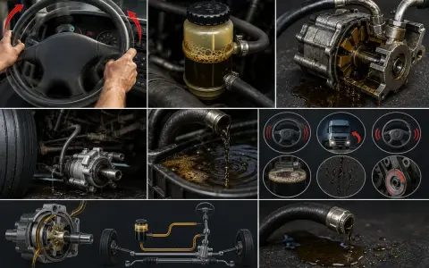 Collage montrant le volant, la pompe de direction assistée, le liquide, et le système de direction d'un camion.