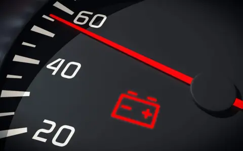 Tableau de bord d'une voiture avec le symbole batterie allumé en rouge, indiquant un problème de charge.