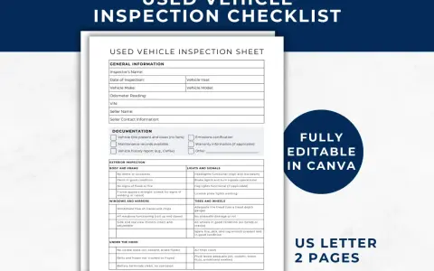 Document d'inspection de véhicule d'occasion, idéal pour un historique entretien voiture. Il détaille la carrosserie, les lumières, les pneus et le moteur.