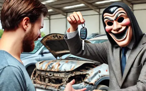Un homme masqué offre des clés de voiture à un autre homme, devant une épave. C'est ça, le mandataire auto ?