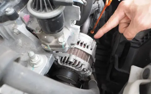 Main d'un mécanicien pointant vers l'alternateur pour tester un régulateur de tension dans un compartiment moteur.