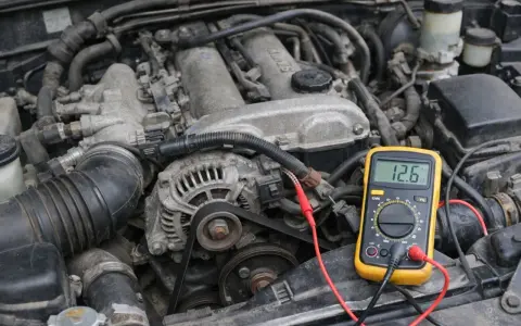 Multimètre jaune branché sur un moteur de voiture. L'écran affiche 12.6V, une mesure pour savoir si une batterie ne tient plus la charge.