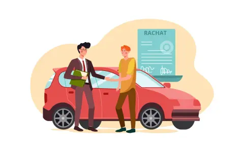 Un homme en costume serre la main d'un autre homme devant une voiture rouge. Un document intitulé "RACHAT" est visible, symbolisant la vente de voiture à un professionnel.