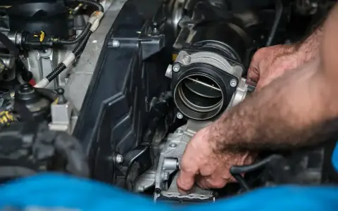 Mains d'un mécanicien travaillant sur un moteur, possiblement pour diagnostiquer un débitmètre d'air défectueux symptôme.