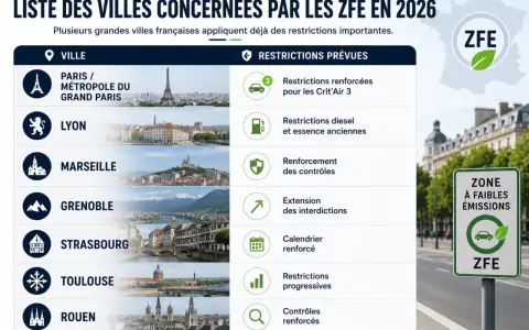 Liste des villes françaises concernées par les ZFE en 2026, avec des restrictions renforcées pour les Crit'Air 3.