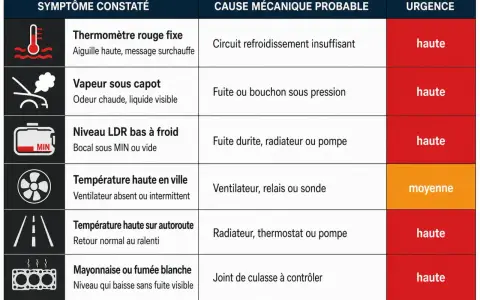 Tableau des symptômes automobiles : vapeur qui sort de la ventilation voiture, cause probable et urgence.