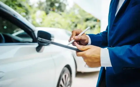 Un homme en costume bleu utilise une tablette pour évaluer la valeur vénale d'un véhicule blanc.