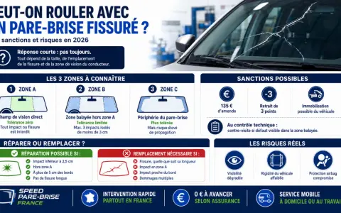 Un pare-brise fissuré peut entraîner une amende et un retrait de points au contrôle technique. La loi est stricte sur l'impact pare brise.