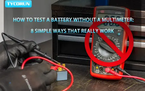 Comment tester une batterie sans multimètre : des mains gantées manipulent des fils rouges et noirs connectés à un relais. Un multimètre est barré d'un cercle rouge.