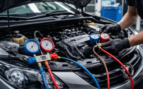 Un mécanicien vérifie la pression du système de climatisation d'une voiture avec des manomètres. La durée de recharge clim est cruciale pour son bon fonctionnement.
