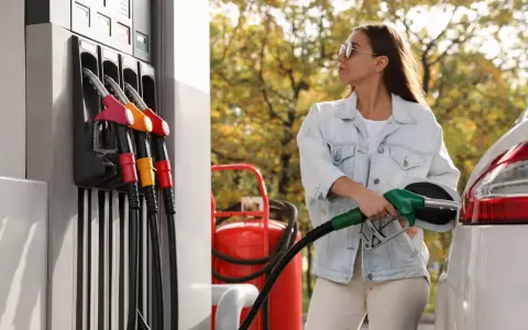 Femme faisant le plein d'essence, inquiète des symptômes de mauvais carburant voiture.