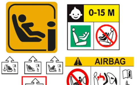 Panneau d'avertissement : ne pas installer de siège enfant face à la route là où il y a un airbag.
