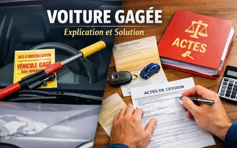 Volant avec un avis "Véhicule gagé", une carte grise, une petite voiture bleue, des actes de cession et un livre rouge "Actes".
