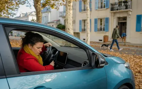 Femme frustrée tentant de démarrer sa voiture, un problème électrique voiture probable. En arrière-plan, un homme promène son chien.