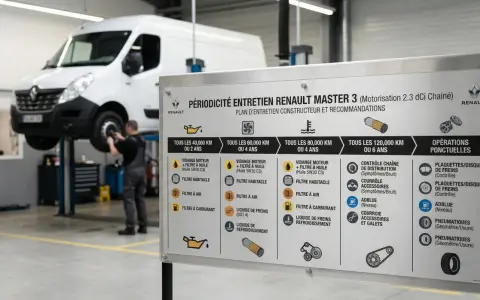 Tableau d'entretien pour un Renault Master 3 : ce qu'il faut savoir pour la révision. Il détaille les opérations selon le kilométrage et l'âge du véhicule.