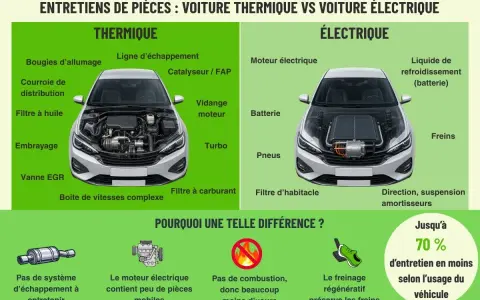 Comparaison des entretiens : voiture thermique vs électrique. La voiture thermique a plus de pièces à entretenir, contrairement à la voiture électrique.