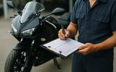 Un technicien remplit une liste pour le contrôle technique d'une mobylette noire, assurant sa sécurité.