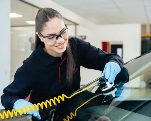 Une technicienne répare une fissure sur un pare-brise avec un équipement spécialisé. Elle sait exactement fissure pare brise que faire.