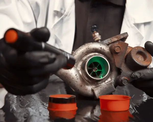 Un mécanicien examine un turbo rouillé, prêt pour le bruit turbo accélération.