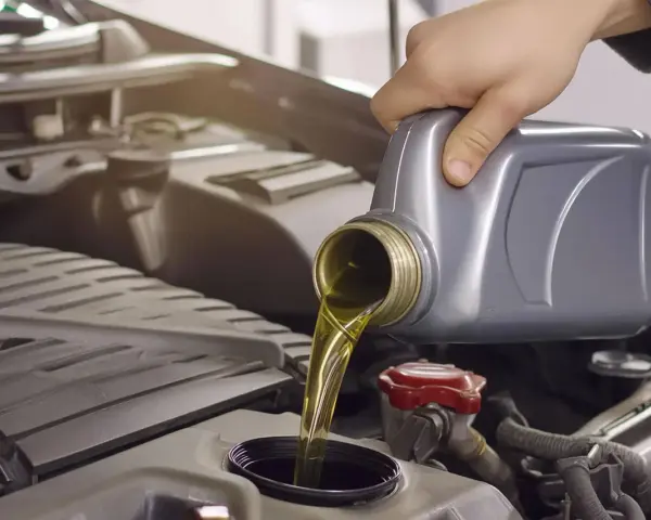 Main d'une personne versant de l'huile moteur d'un bidon gris dans le compartiment moteur d'une voiture. La question est : combien de litre huile moteur ?