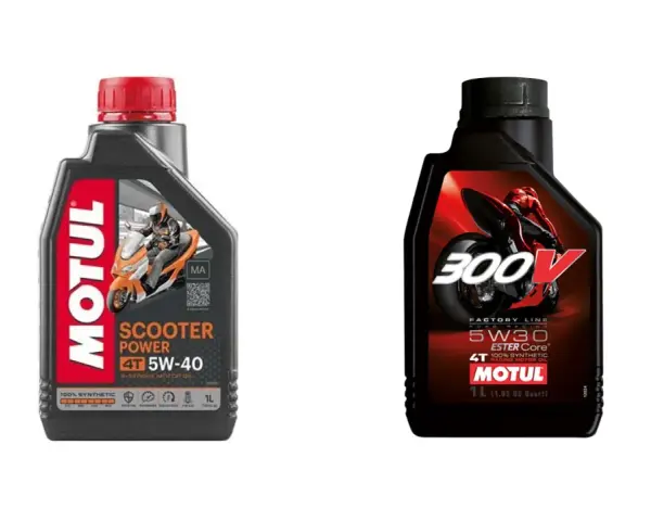 Huiles Motul : 5W-40 pour scooter et 5W30 pour moto de course. La différence est dans la performance.