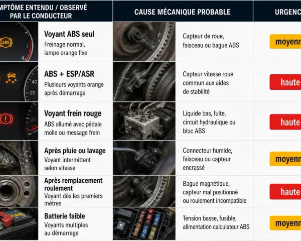 Tableau expliquant que veut dire ABS : voyant allumé, causes probables (capteur, bloc ABS) et urgence.