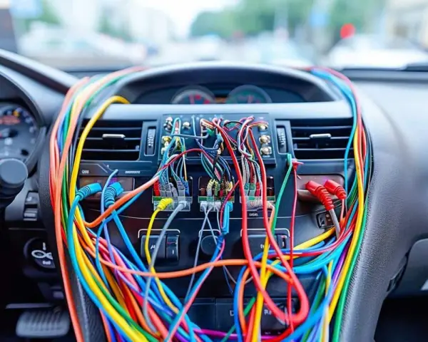 Tableau de bord d'une voiture envahi par un enchevêtrement de fils colorés, un vrai casse-tête pour le **code couleur fil haut parleur**.