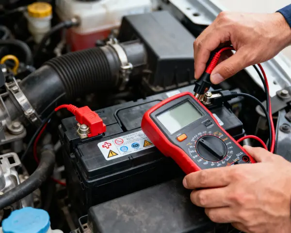 Main d'un mécanicien testant la batterie voiture sous le capot avec un multimètre rouge.
