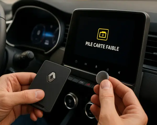 Main gauche tenant une carte Renault, main droite une pile bouton. L'écran affiche "Pile carte faible".