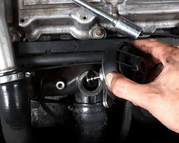 Main d'un mécanicien tenant une pièce de vanne EGR. Faut-il reprogrammer après changement vanne egr ? Question technique sur le moteur.